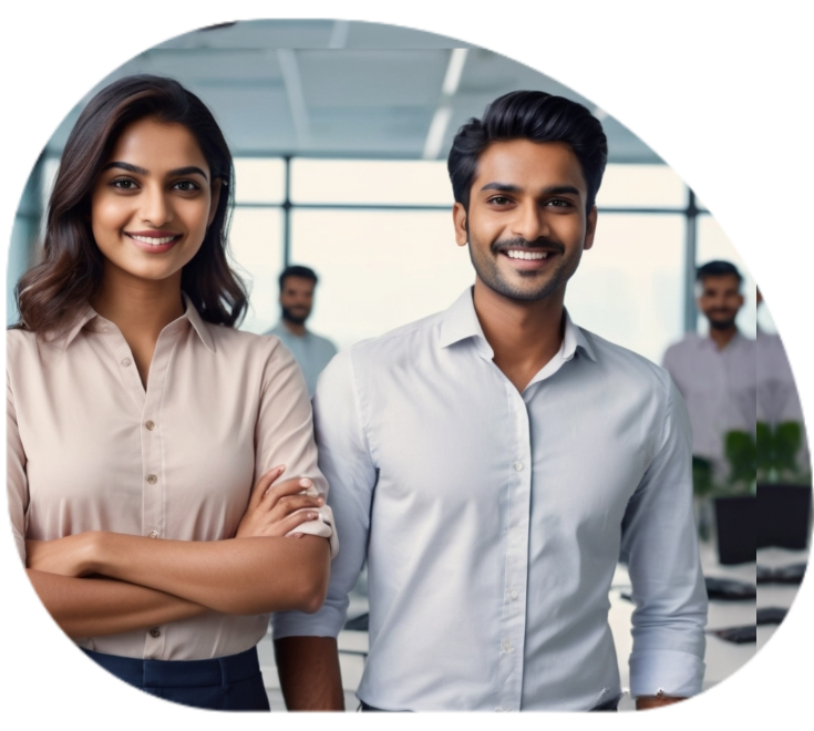 Two confident young professionals, a man and a woman, smiling in a modern office setting with colleagues blurred in the background.