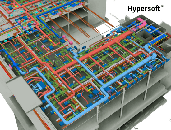 3D model of a building’s MEP layout created in BIM software, showcasing detailed mechanical, electrical, and plumbing systems taught in Hypersoft's advanced 3D design training classes.