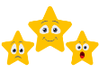 Three yellow stars with facial expressions showing sadness, happiness, and surprise, representing different emotions or ratings.