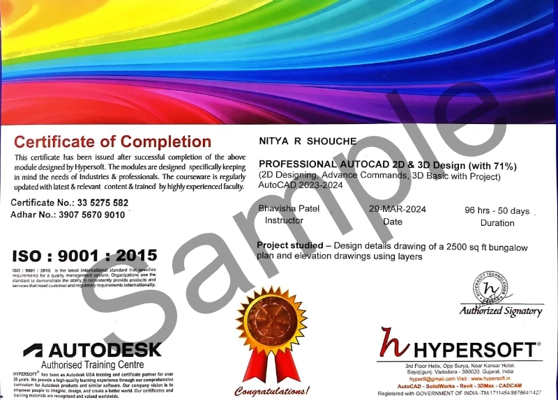 Certificate of Completion issued by Hypersoft for a Professional AutoCAD 2D & 3D Design course completed with details including course content, instructor name, date, duration, and project studied.