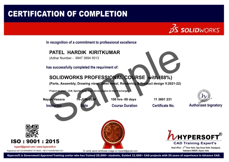 Certificate of Completion issued by Hypersoft for a Professional Solid Works Design course completed with details including course content, instructor name, date, duration, and project studied.