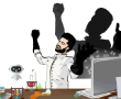 Cartoon scientist celebrating at a desk with lab equipment, a robot, and a computer, with a victorious shadow pose in the background.